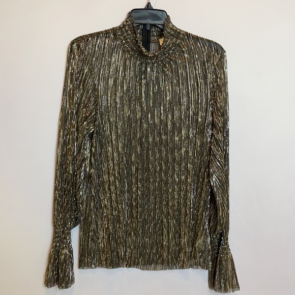 L’Agence Gold Metallic Sheer Top Smocked Neck Blouse - Picture 5 of 9
